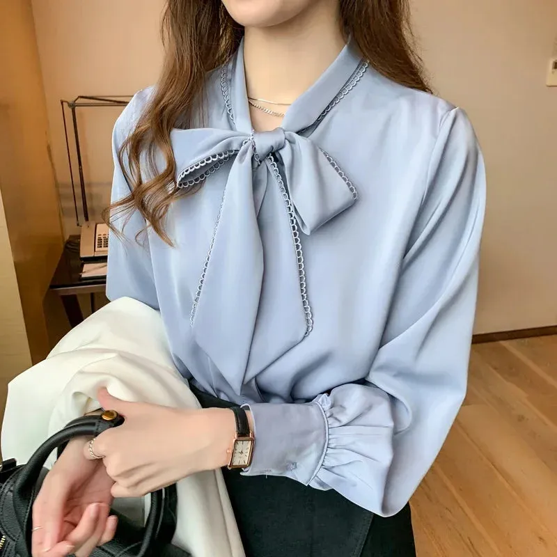 2024 Spring Long Sleeve Bow Loose Tops Autumn Office Lady Elegant Top