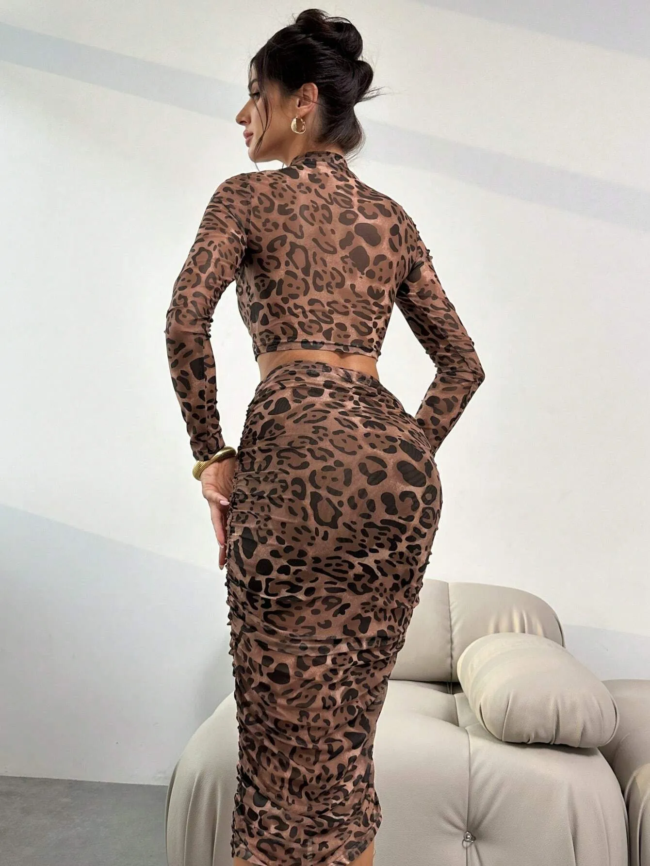 2pcs Women Summer Autumn Sexy Elegant Leopard Print Mesh Bodycon Long Sleeve Crop Top And High Waist Ruched Skirt Set