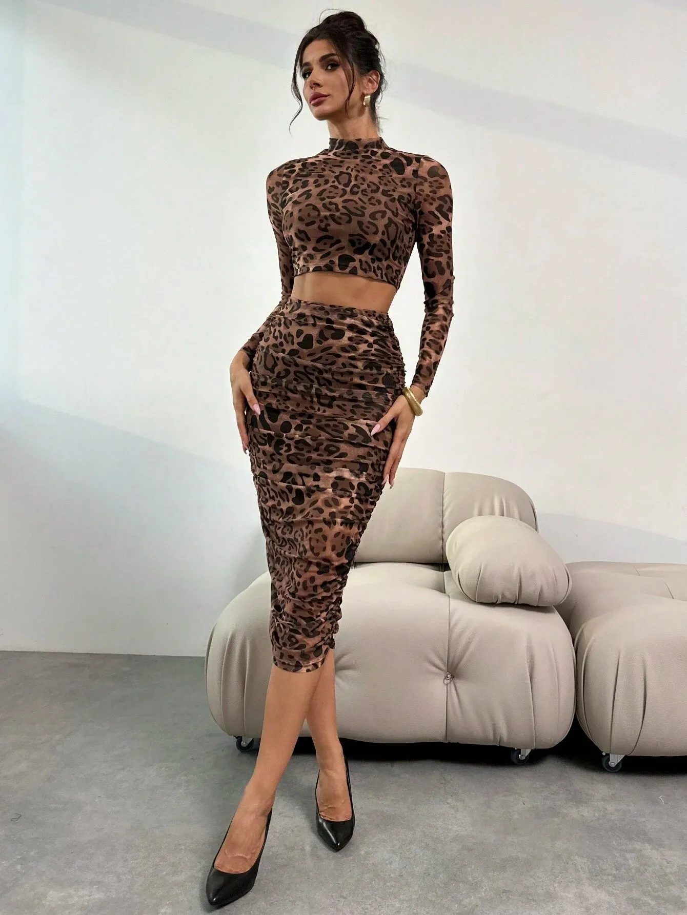 2pcs Women Summer Autumn Sexy Elegant Leopard Print Mesh Bodycon Long Sleeve Crop Top And High Waist Ruched Skirt Set