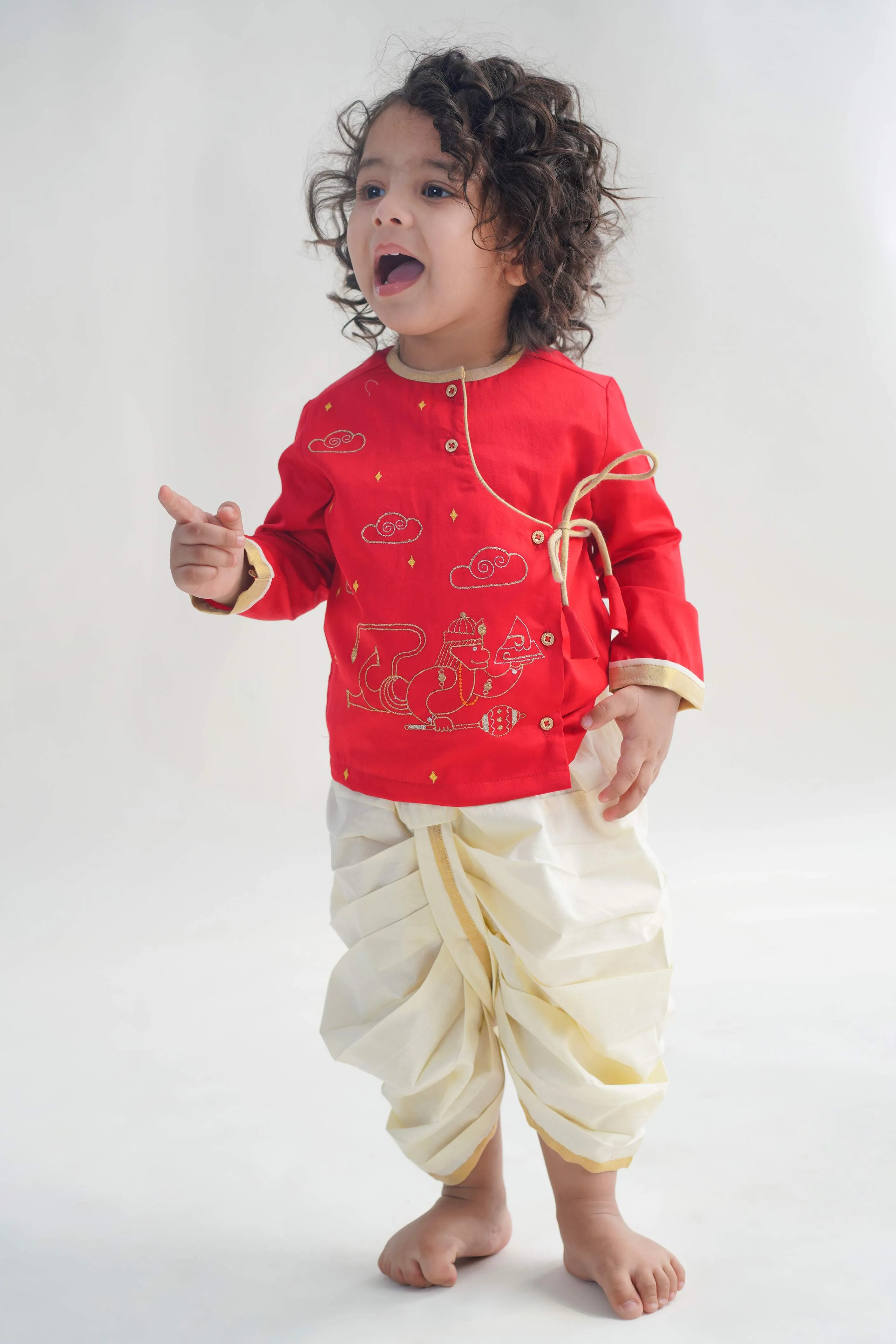 Baby Boy Hanuman Dhoti Kurta Set-Red