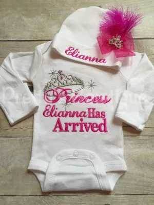 Baby girl coming home outfit -- The Princess has arrived bodysuit and hat set -- Personalized princess has arrived -- baby shower gift