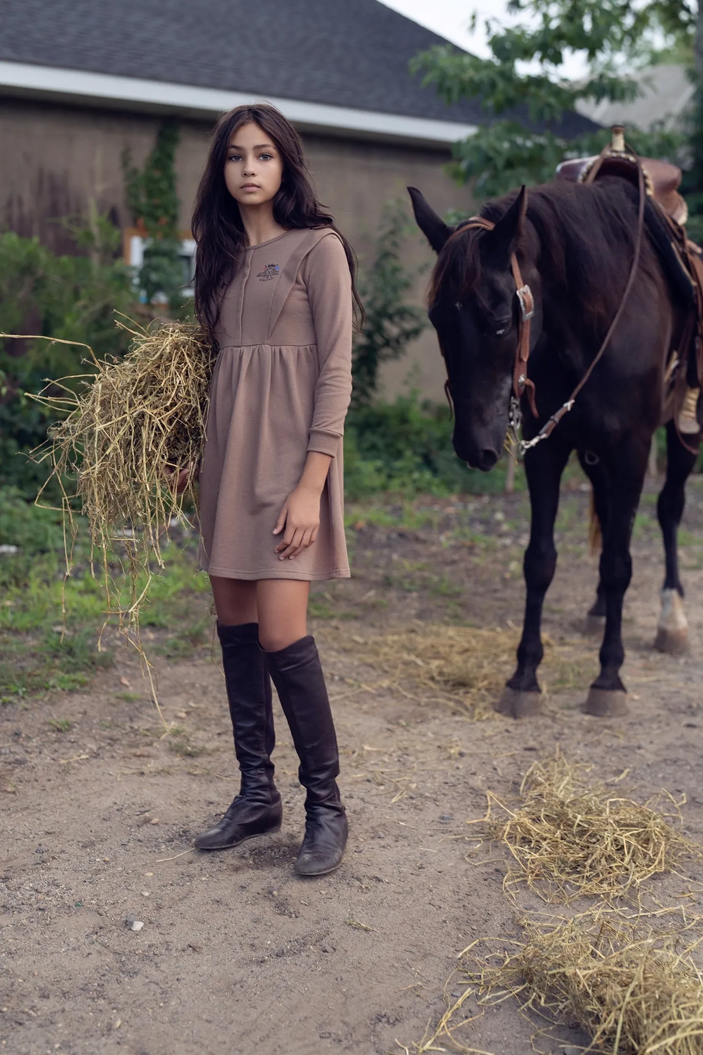 Bamboo Walnut Embroidered Crest Sweater Dress [Final Sale]