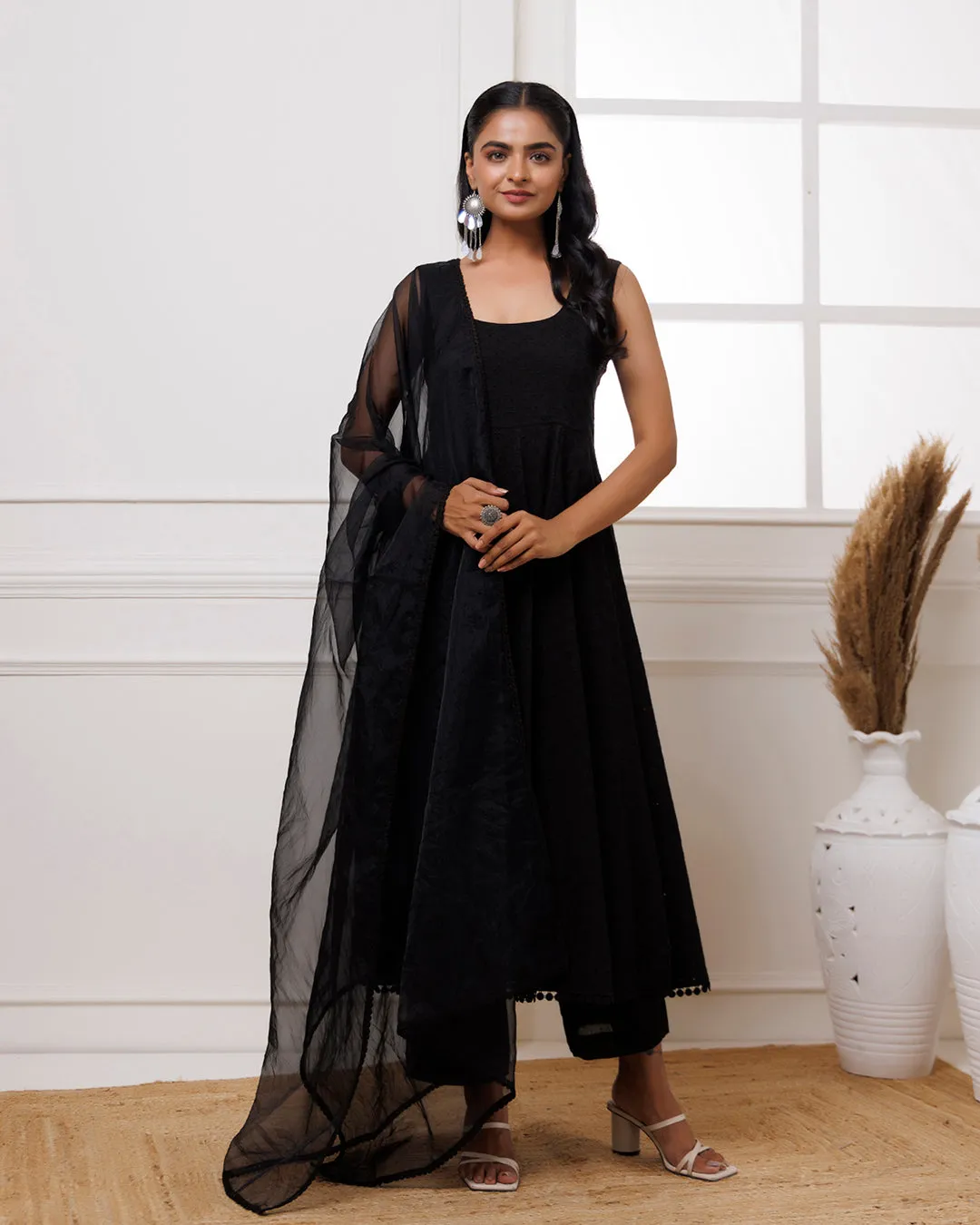 Black Schiffili Anarkali Suit Set