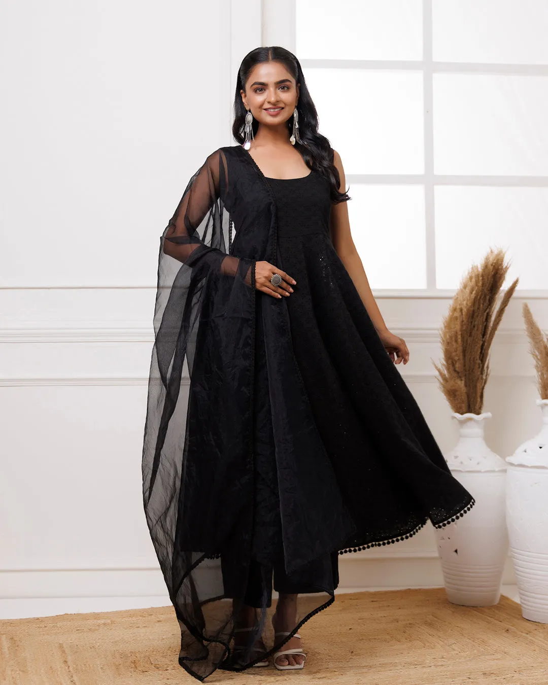 Black Schiffili Anarkali Suit Set