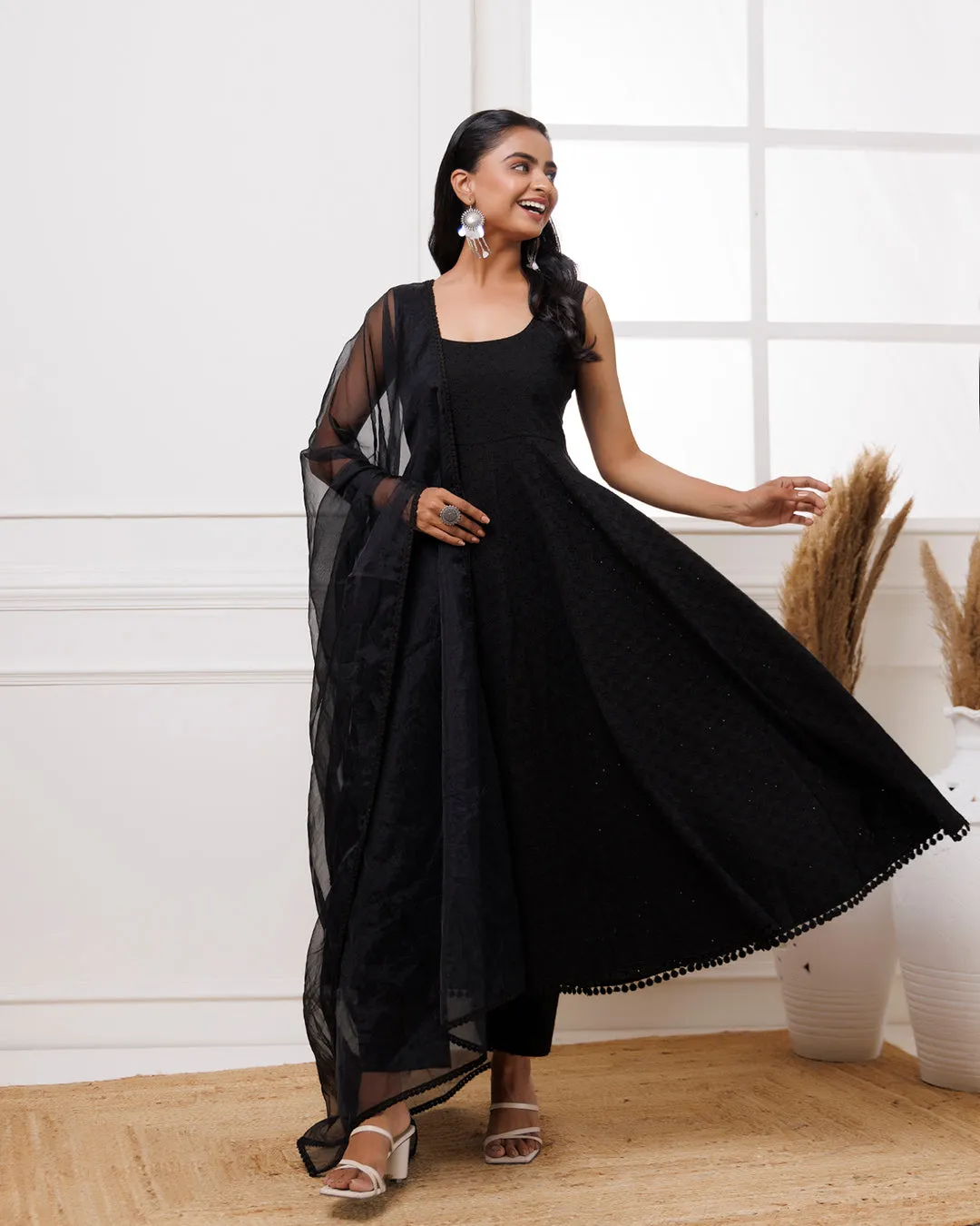 Black Schiffili Anarkali Suit Set