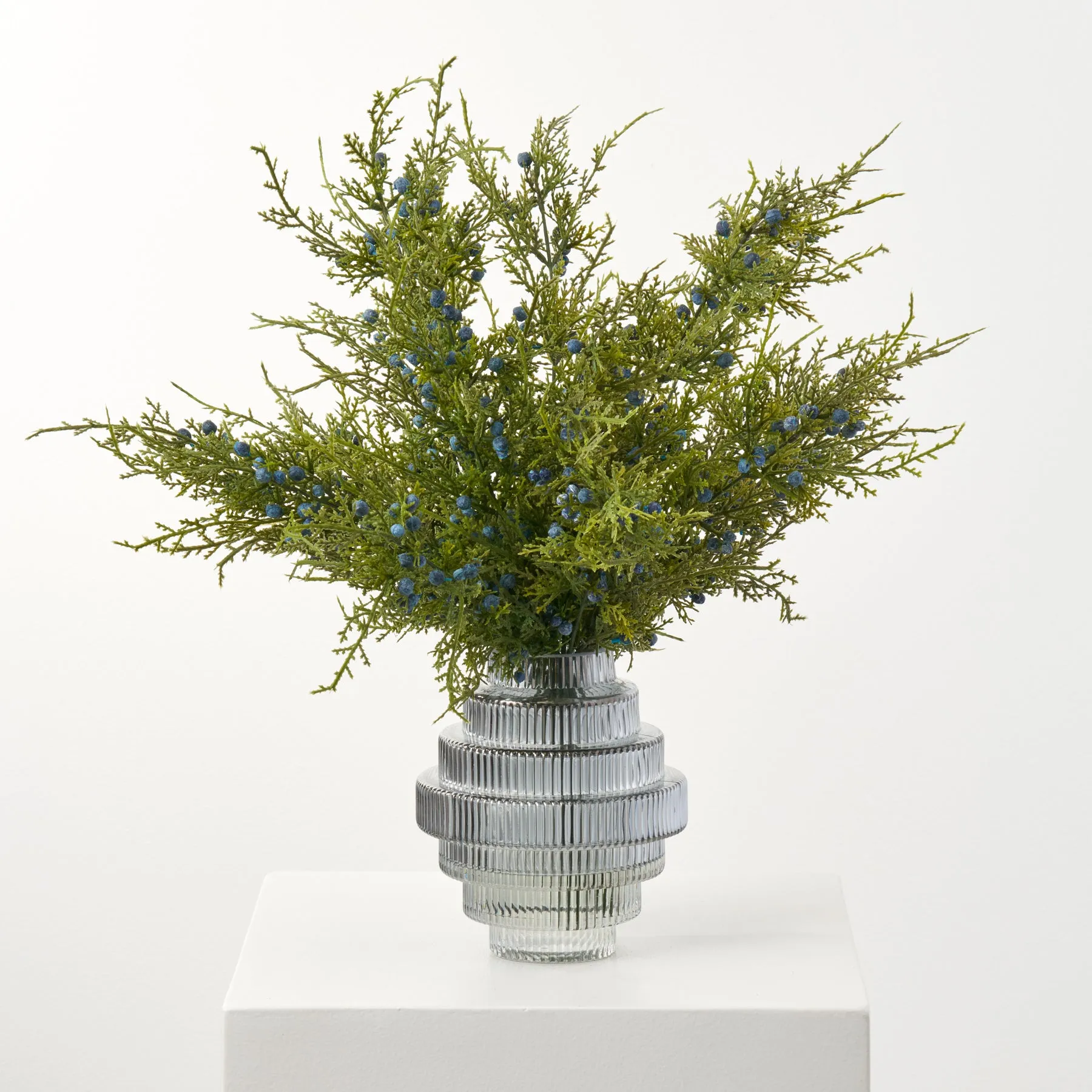 Blue Juniper Berry Branches in Smoke Chandelier Vase Winter Centerpiece Water Illusion Arrangement