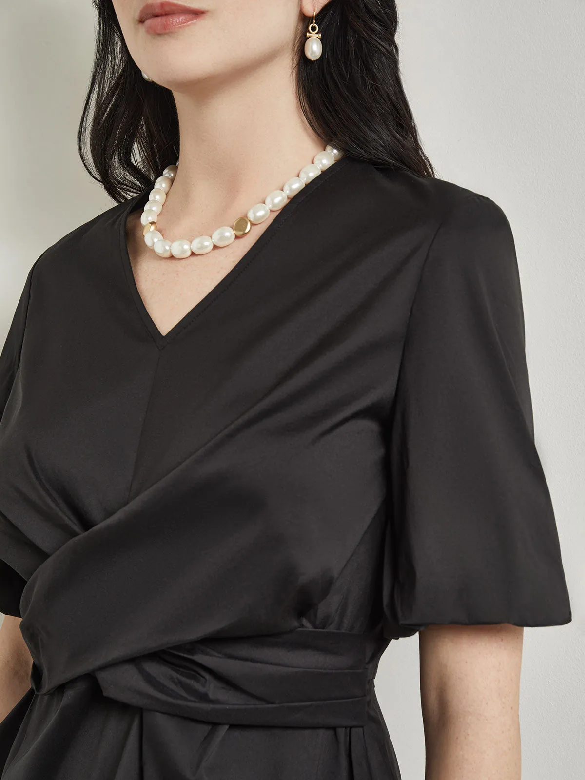 Crossover Peplum Blouse - Puff Sleeve Woven