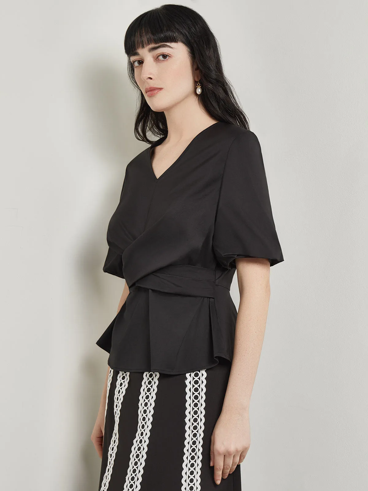 Crossover Peplum Blouse - Puff Sleeve Woven