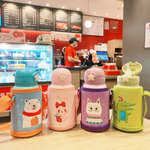 Cute Cat Stainless Steel School Water Bottle for Kids with Portable Strap