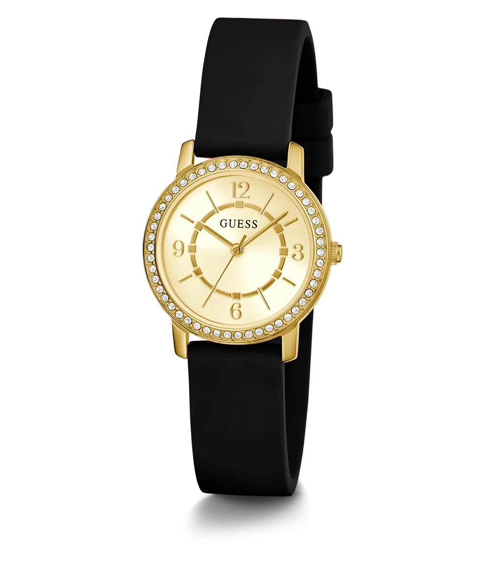 GUESS Ladies Black Gold Tone Analog Watch