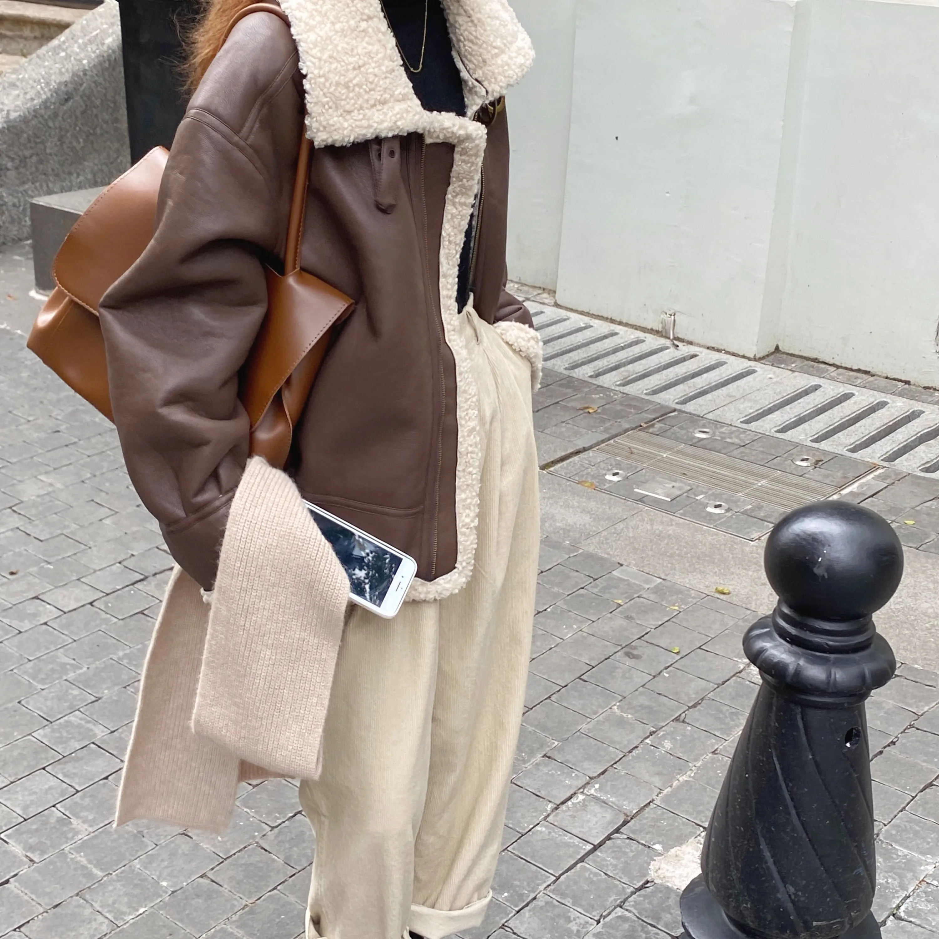 [Korean Style] Faux Leather Shearling Sherpa Biker Coat