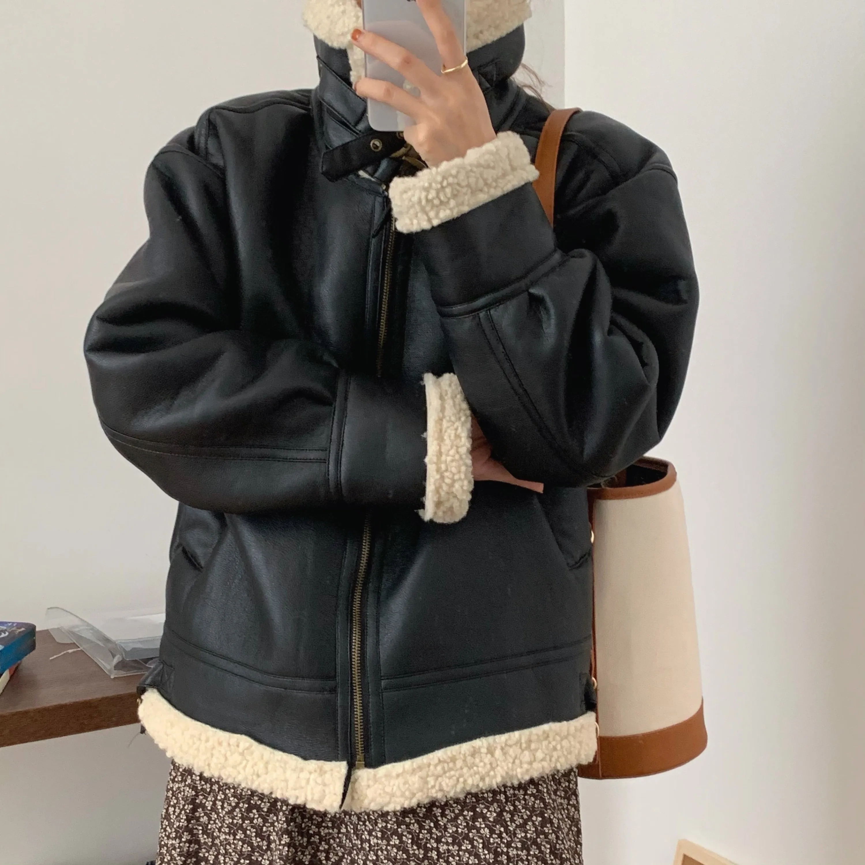 [Korean Style] Faux Leather Shearling Sherpa Biker Coat