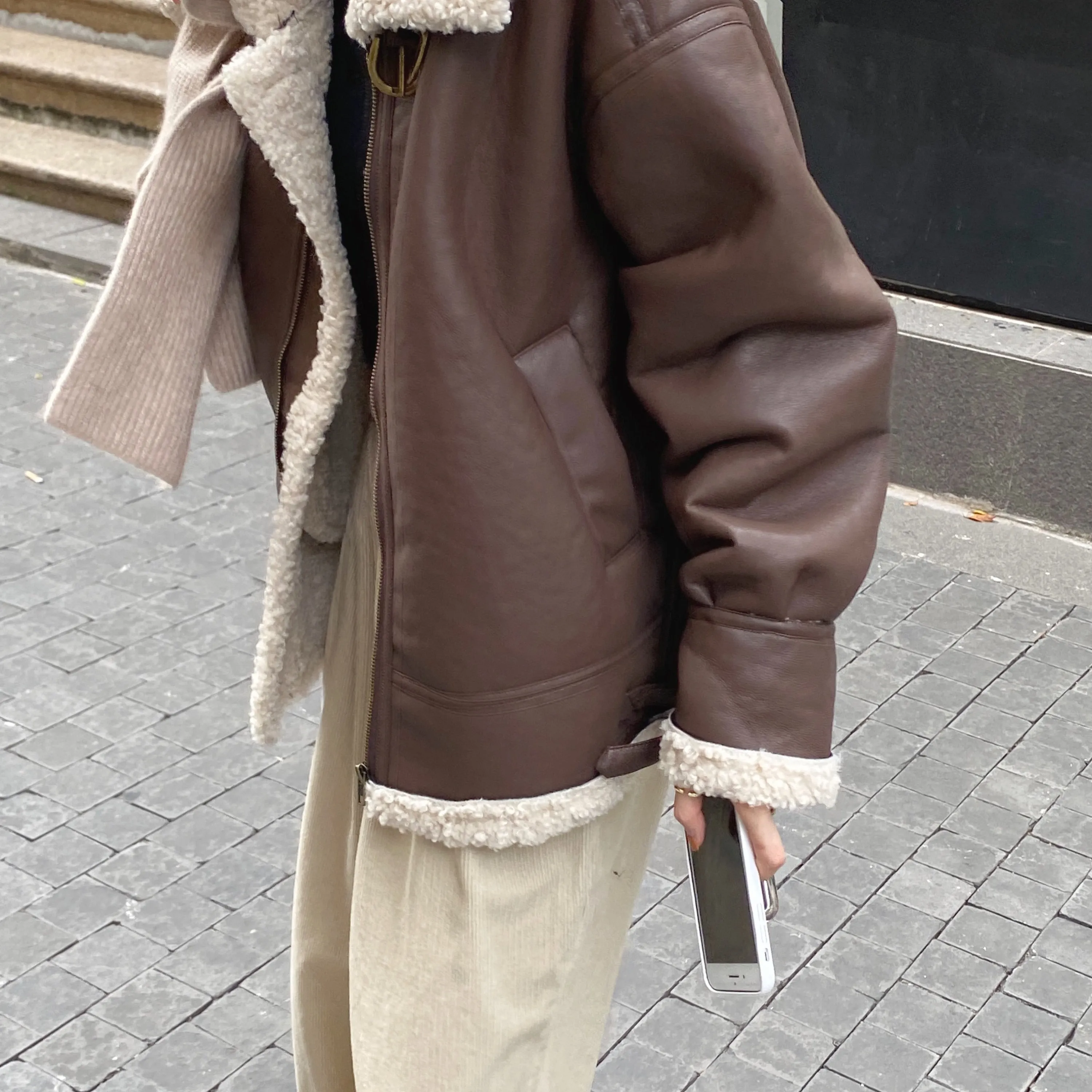 [Korean Style] Faux Leather Shearling Sherpa Biker Coat