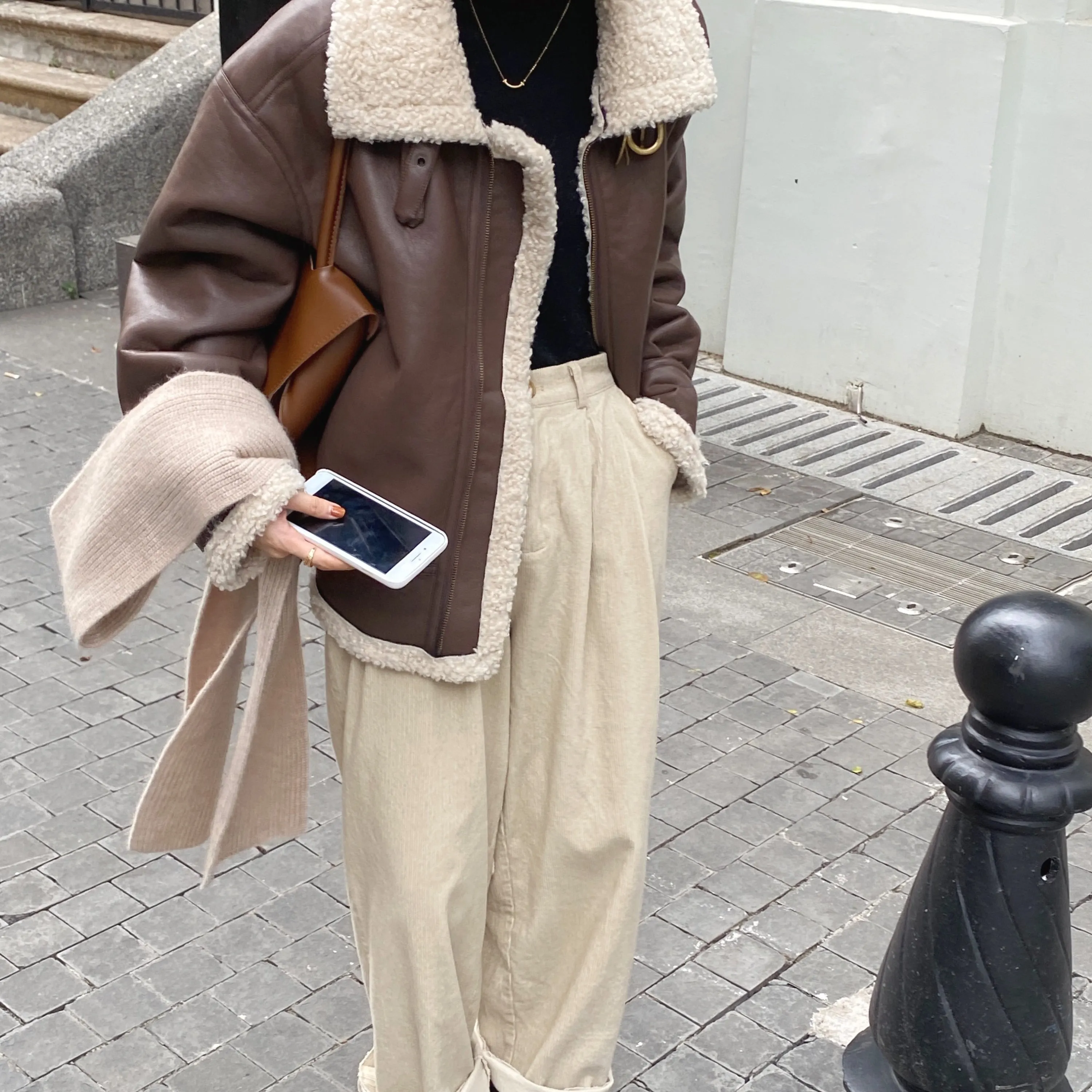 [Korean Style] Faux Leather Shearling Sherpa Biker Coat