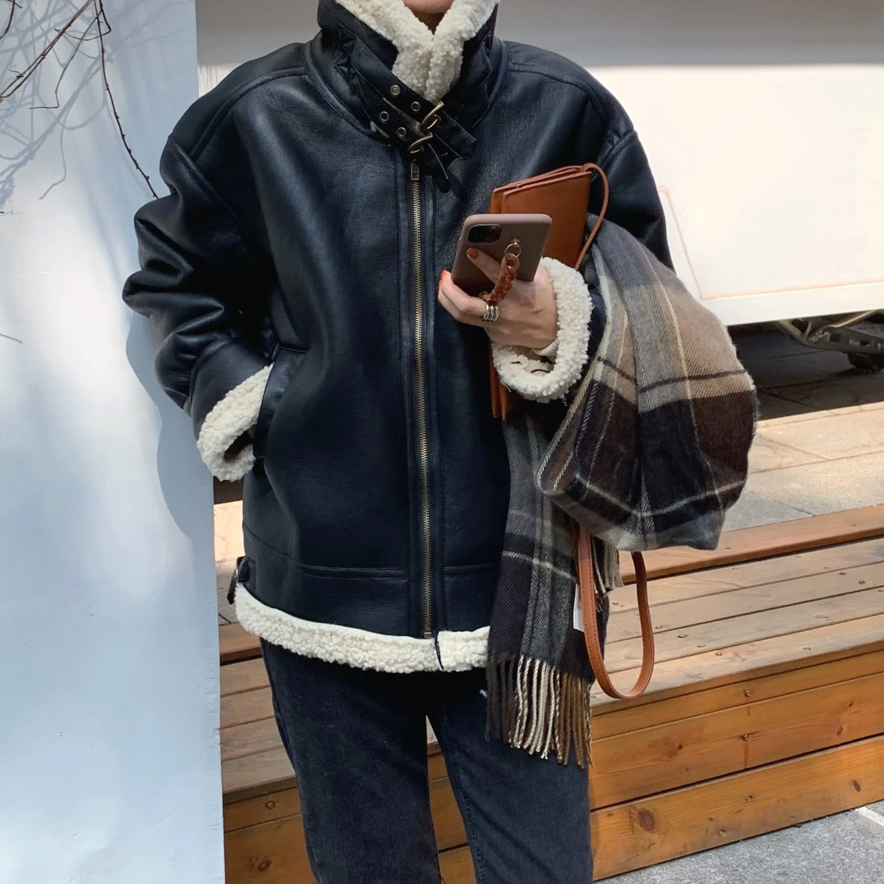 [Korean Style] Faux Leather Shearling Sherpa Biker Coat