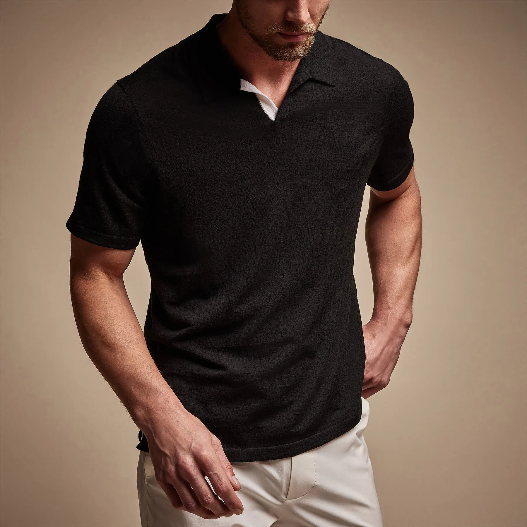 Linen Blend Contrast Polo - Black/White