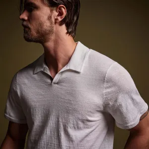 Linen Blend Contrast Polo - White/Silver Grey