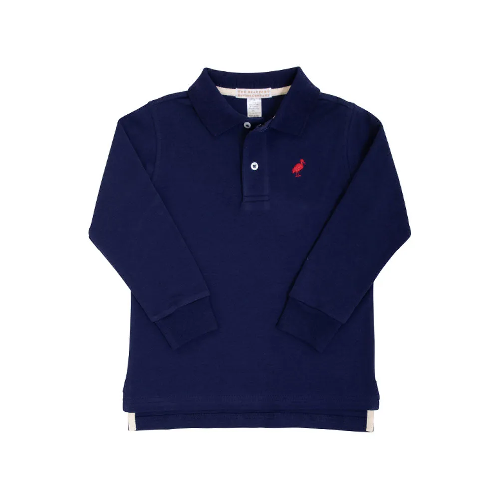 Long Sleeve Prim & Proper Polo & Onesie - Nantucket Navy with Richmond Red Stork