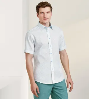 Modern Fit Short Sleeve Textured Linen-Like Geo Print Sport Shirt