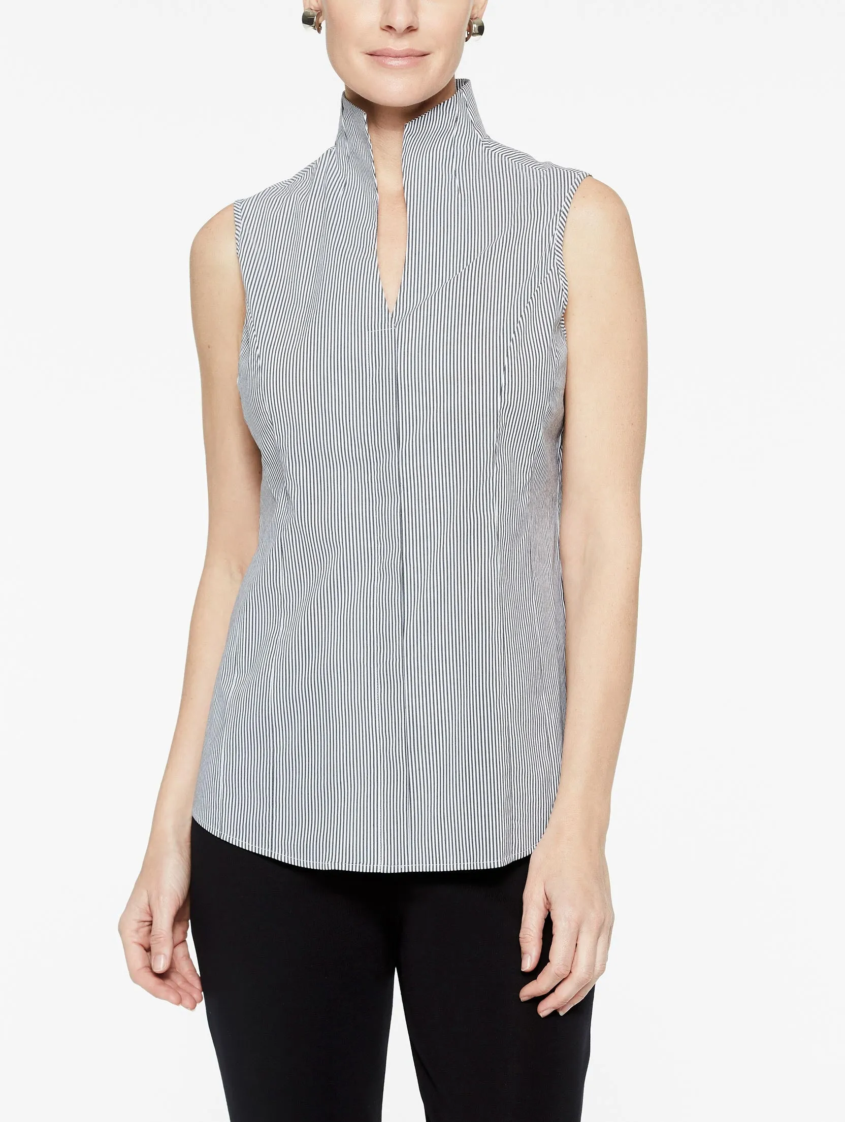 Pinstripe Sleeveless Stretch Cotton Blouse