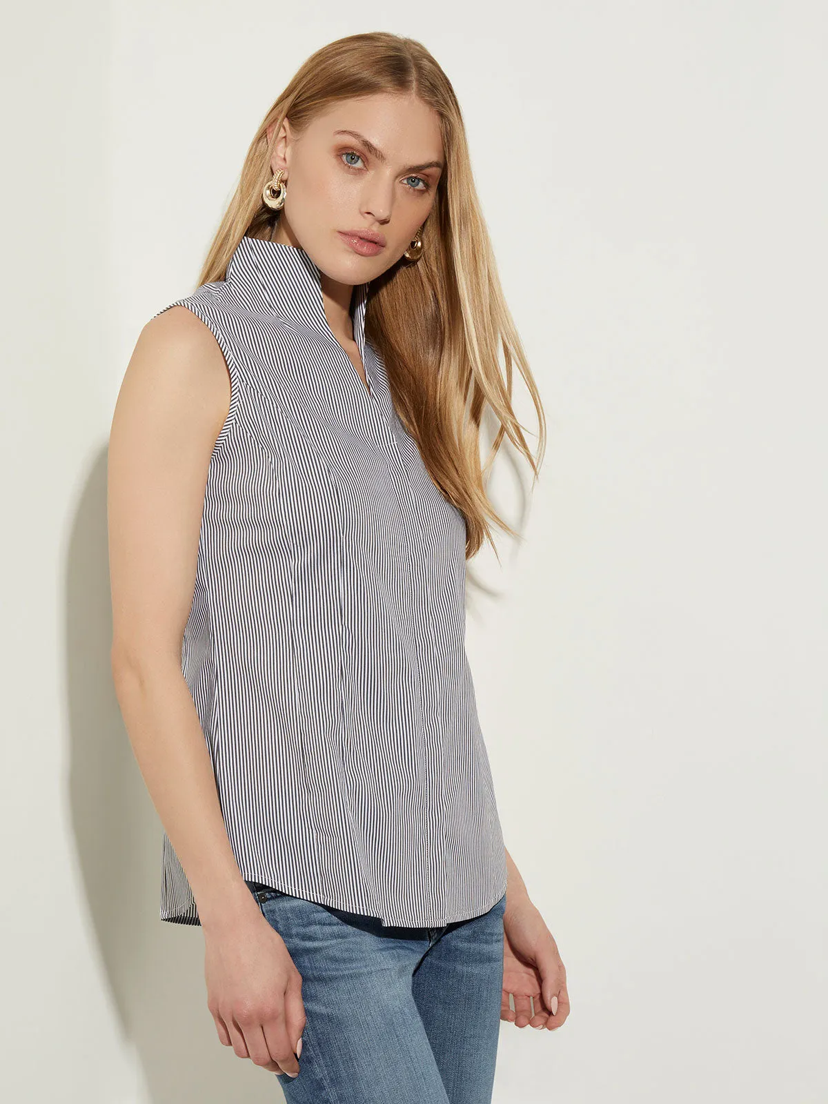 Pinstripe Sleeveless Stretch Cotton Blouse