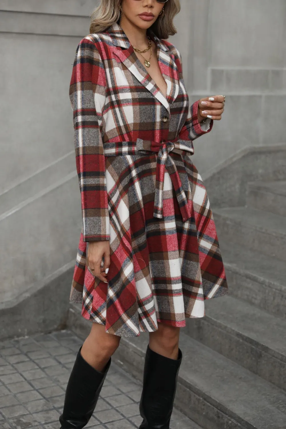 Plaid Tie Waist Long Sleeve Outerwear