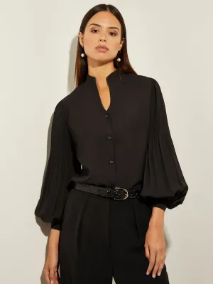 Pleated Bishop Sleeve Stretch Crepe Blouse