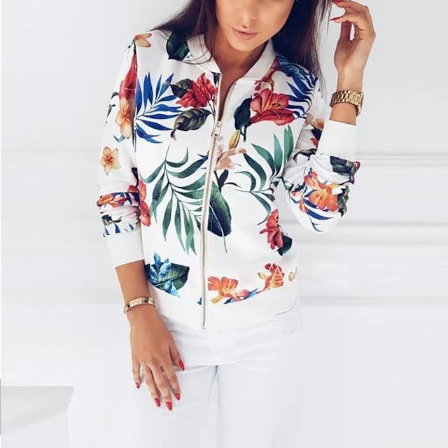 Retro Floral Printed Long Sleeve Zipper Bomber Jackets