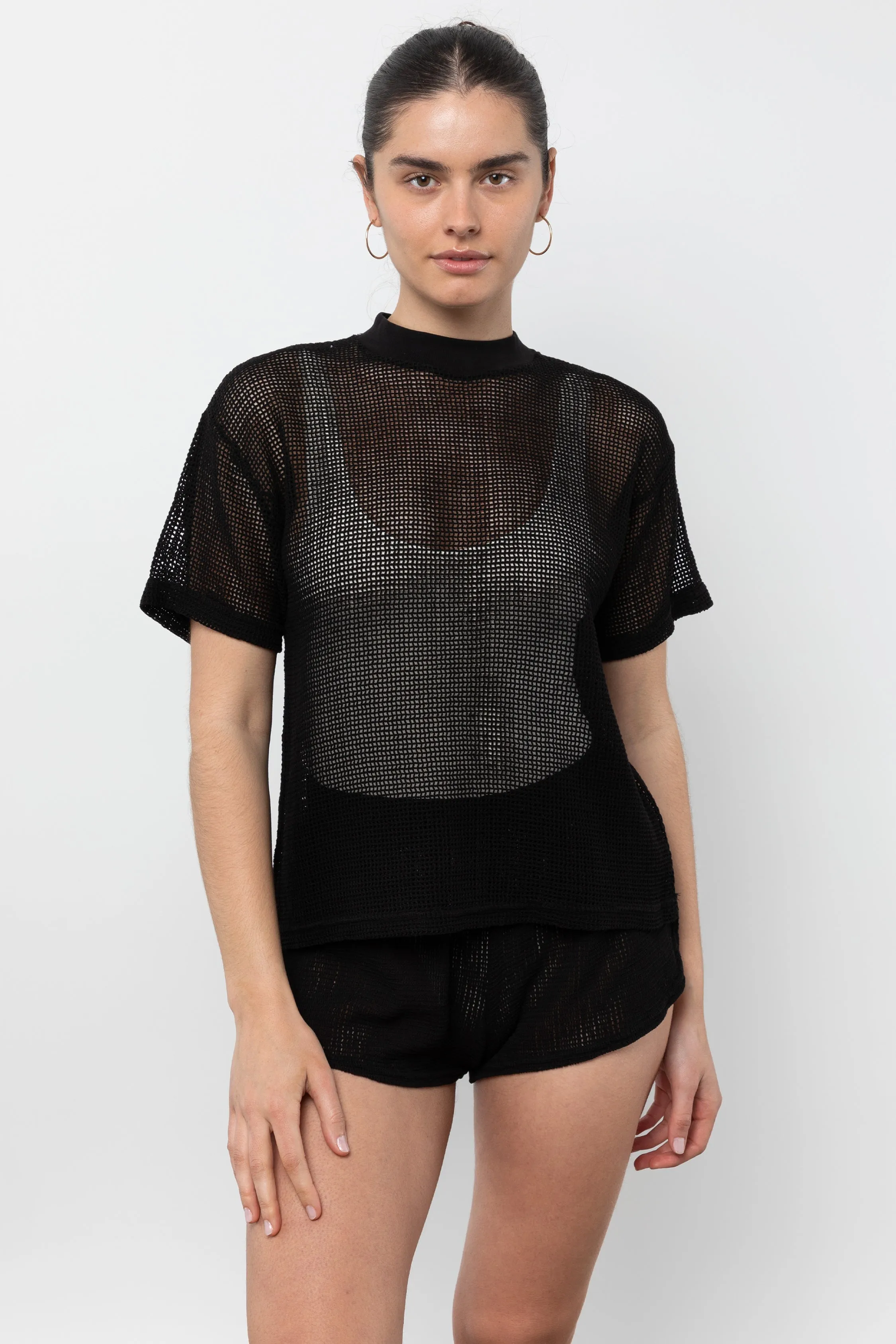 RIN401GD - Cotton Mock Neck Fishnet Garment Dye T-Shirt