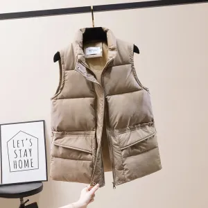 Wjczt Solid Short Style Vest for Women Cotton Padded  Women&#39;s Winter Sleeveless Jacket with Zipper Stand Collar Casual Coats