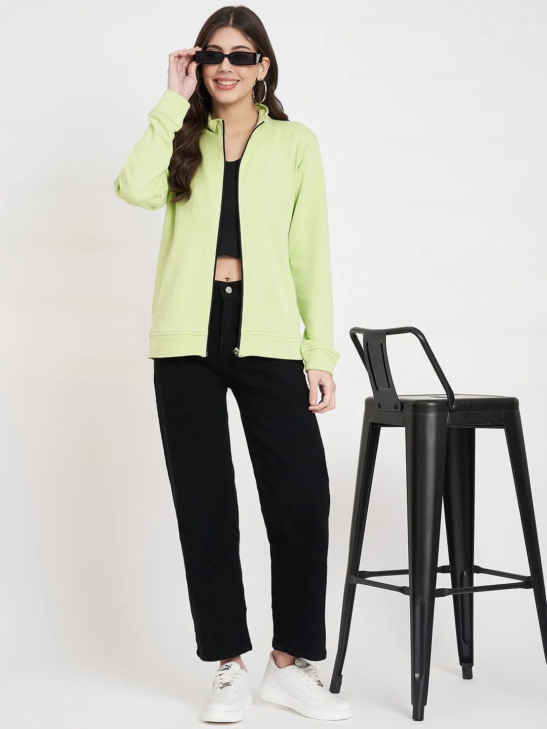 Women Mock Collar Green Bomber Jacket