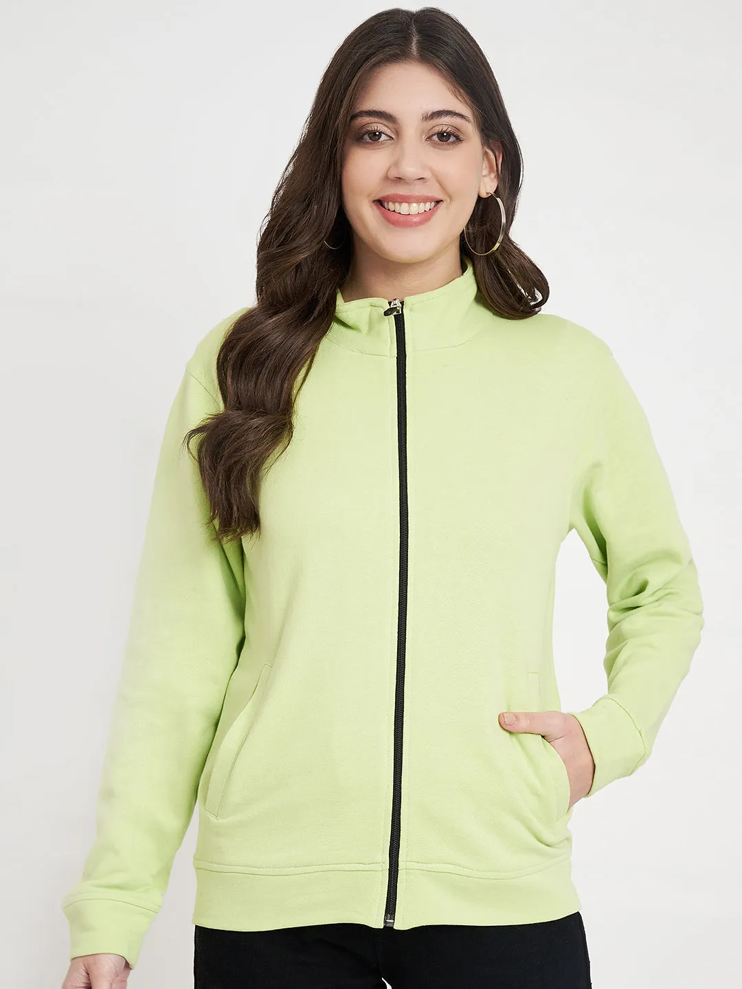 Women Mock Collar Green Bomber Jacket